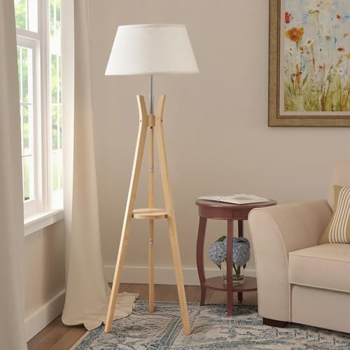 Image of Tripod Floor Lamp with Shelf, Modern Corner Lamp for Living Room | Mid Century, 59'' Tall, Bamboo Standing Lamp for Bedroom, for Office, Linen Shade, E26 Base, Natural