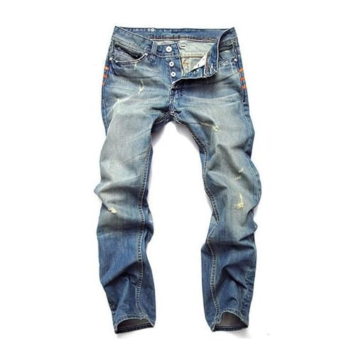 DGHM-JLMY Men's Distressed Straight Denim Pants Retro Button Fly Jeans Multi-Button Ripped Slim Fit Biker Moto Jean Trousers