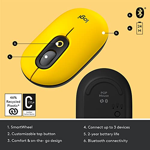 Logitech Pop Mouse, Wireless Mouse With Customizable Emojis, Silenttouch Technology, Precision/Speed Scroll, Compact Design, Bluetooth, Multi-Device, Os Compatible - Blast Yellow #TOP5