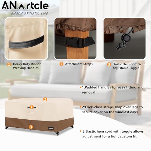 Image of ANartcle Patio Coffee Table Cover, 600D Waterproof Heavy Duty Rectangular Outdoor Table Cover,Patio Furniture Covers,48 x 28 x 16 inch,Beige&brown.