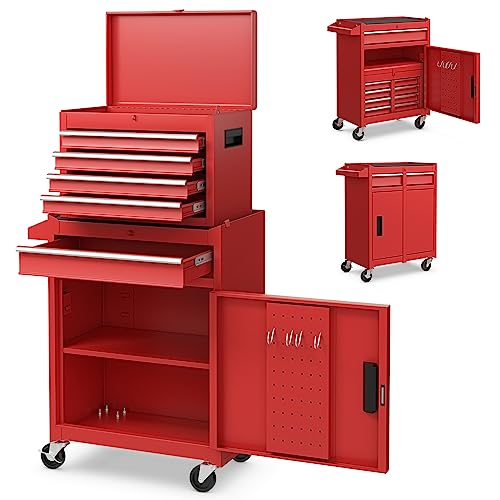 TANGZON Lockable Tool Cabinet, Rolling Tool Chest Combo with Wheels, Drawers, Hooks & Side Handle, Detachable Garage Workshop Tool Cart Trolley (without Middle Compartment, Red)
