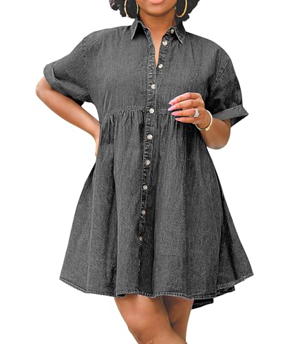 Image of Womens Denim Babydoll Dresses Summer Outfits Button Down Ruffle Tiered Jean Dress