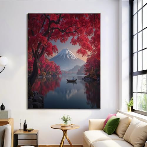 Tableau Mont Fuji et Feuilles d'Automne Rouge pour Créer un Salon Zen