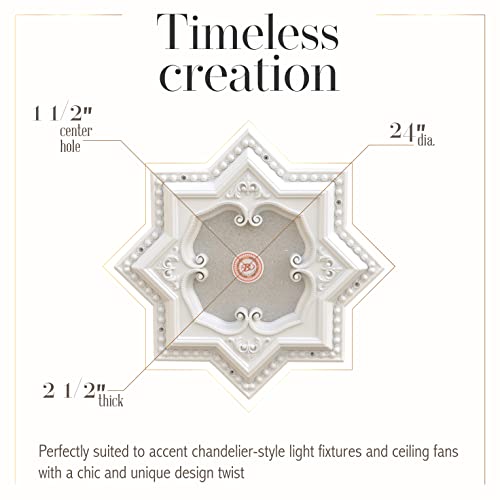 Image of Eight-Pointed Star Chandelier Ceiling Medallion and Fan Medallion, 24 Inches, White and Silver