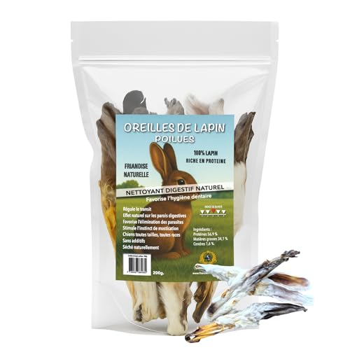 Orejas de conejo peludas para perro – golosinas naturales 200 g ricas en proteínas – Digestión sana, desparasitación natural, Masticación de larga duración, baja en grasas – Snack Perro Todas Razas