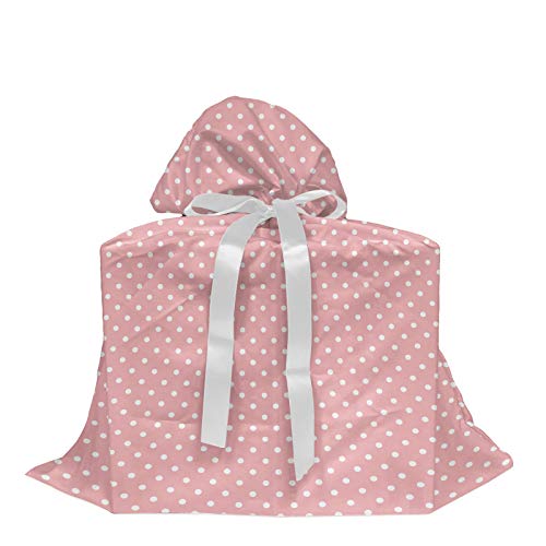 Ambesonne Pink Polka Dots Gift Bag, Design With And Retro And Repetitive Composition, Reusable Fabric Party Favor Pouch With 3 Ribbons, 27" X 32", Pink White #TOP2