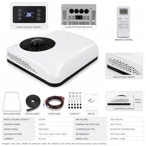Image of 12V RV Air Conditioner DC, 10000 BTU Rooftop AC Unit, Fast Cooling Ultra-Quiet Heating & Cooling, Low Profile Energy Efficient, Battery Powered Air Conditioner for Camper Motorhome Trailer Truck