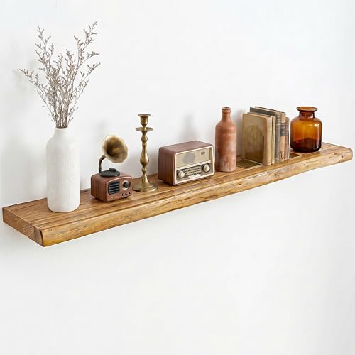 Image of Dreamland Rustic Elm Wood Floating Shelves for Wall Decor, 48 Inch Long Live Edge Wooden Floating Shelves Wall Mounted, 8 Inch Deep Wall Shelf for Bathroom, Living Room, Kitchen, Bathroom, Natural