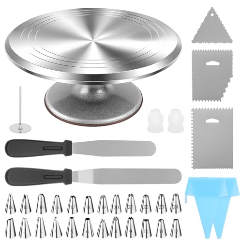 7Sevenjokers Plato giratorio para tartas de 30 cm, juego completo, 35 piezas, incluye manga pastelera, boquillas y mesa de giro, accesorios para decoración de pasteles para principiantes y