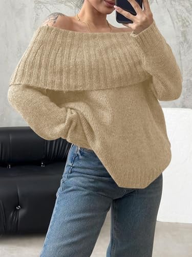 Image of Saodimallsu Womens Off The Shoulder Sweaters Oversized Long Sleeve Loose Ribbed Knit Fall Trendy Pullover Tops