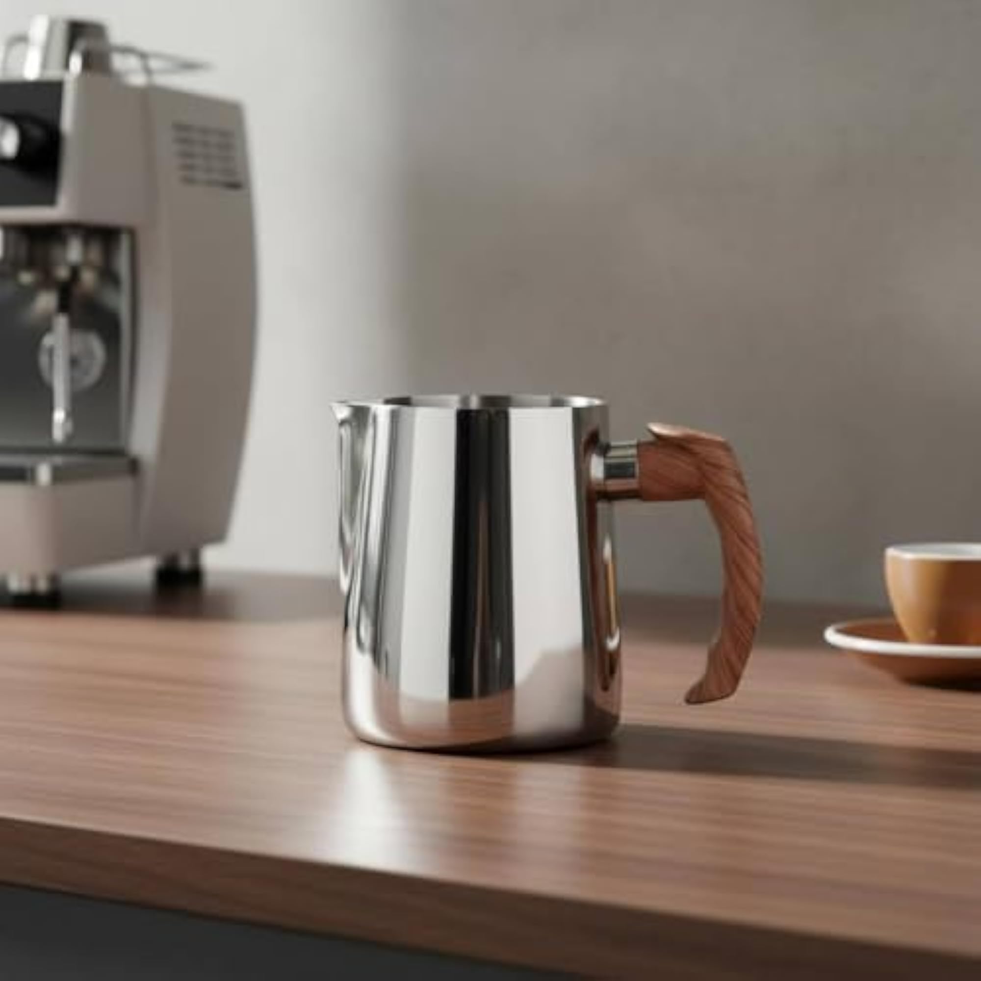 Latte Art Jug with Wooden Handle, Stainless Steel Frothing Pitcher