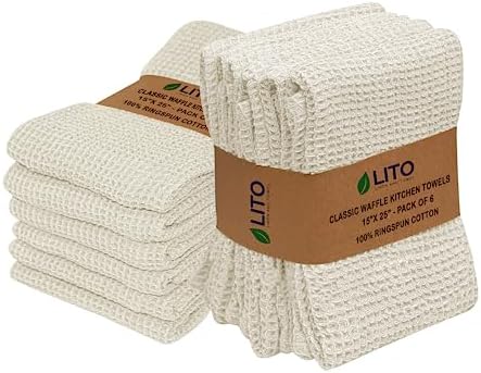 Linen and Towel Set of 6 Kitchen Towels, Super Absorbent 100% Cotton Dish Towel for Drying Dishes, Reusable Dish Cloth, 18 x 28 in, with Hanging Loop, Waffle Weave Bar Towels & Tea Towels,Cream Linen and Towel Set of 6 Kitchen Towels, Super Absorbent 100% Cotton Dish Towel for Drying Dishes, Reusable Dish Cloth, 18 x 28 in, with Hanging Loop, Waffle Weave Bar Towels & Tea Towels,Cream