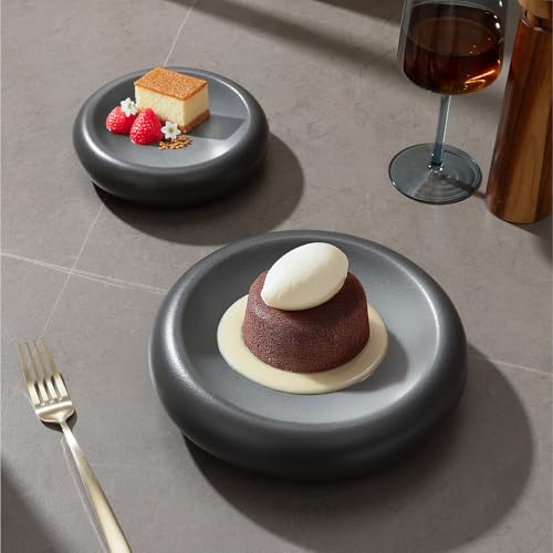 Navaris Chunky Dinner Plate 2-Piece Set - Charcoal Black Non-Toxic Porcelain - Deep Salad Bowl & Dessert Plate - Microwave and Dishwasher Safe - 6.5" (16.5cm) and 8.5" (21.5cm)