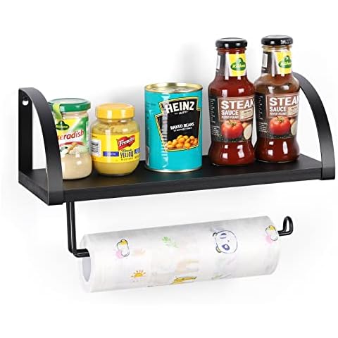 Paper Towel Holder Wall Mount with Shelf Industrial Pine Wood Paper Towel Roll Rack Under Cabinet Spice Rack for Kitchen Bathroom Hanging Paper Towel Holder - Matte Black Cover