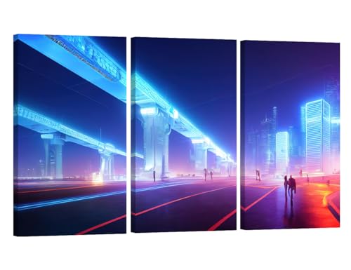 LSIUHWUWI 3 Panels Futuristic Infrastructure of a Smart Night City Wall Decor Living Room Office Wall Art Large Canvas Wall Art for Bedroom Artwork Giclee Wall Decor Framed Ready to Hang 20x40inchx3