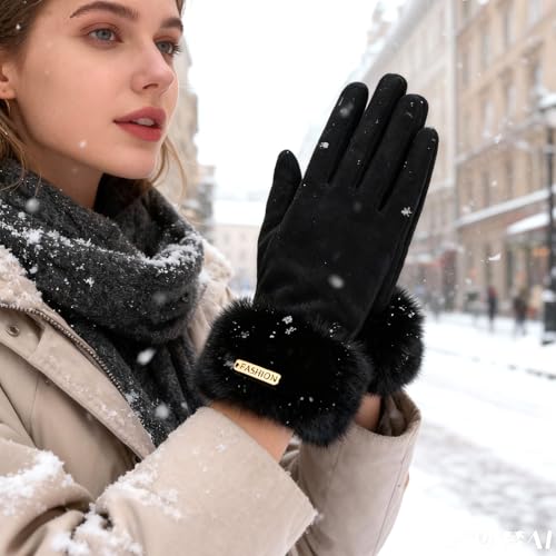 KASESSS Winterhandschuhe Damen, Thermo Handschuhe Damen Mit KunstfellbüNdchen, Handschuhe Schwarz Touchscreen Compatible Flip-Top Index Finger FüR AlltäGliche AktivitäTen Winter Gloves Geschenke