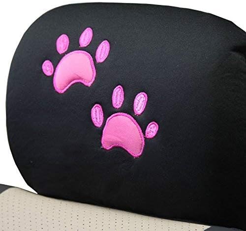 Yupbizauto New 12 Pieces Pink Flat Cloth Front and Rear Car Seat Covers with Embroidery Pink Paws Headrest Covers for Women