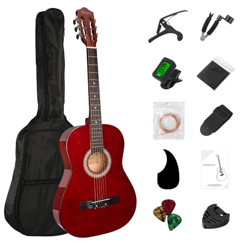 BESYOU 38in Beginner Acoustic Travel Guitar Basic Starter Kit Tuner