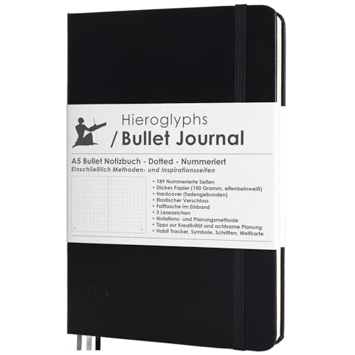 Hieroglyphs Bullet Journal A5 dotted - Hardcover Notizbuch mit 192 nummerierten Seiten, 100 g/m² Papier, 3 Lesezeichen, Gummibandverschluss & Anleitung auf Deutsch, Schwarz