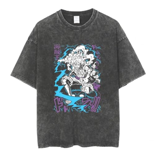 Camiseta Anime Japonesa Vintage, Manga Corta, Gris desteñido, Estampado Sea Adventure (Black,XL)