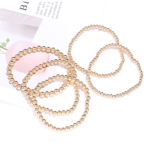 Gold Beaded Bracelet Set For Women Stack 14 K Real Gold Plated Ball Bracelets Elastic String Bracelet 4 Mm 5 Mm 6Mm Small Beads Friendship Bracelet For Men Teen Girls (Gold) #TOP4