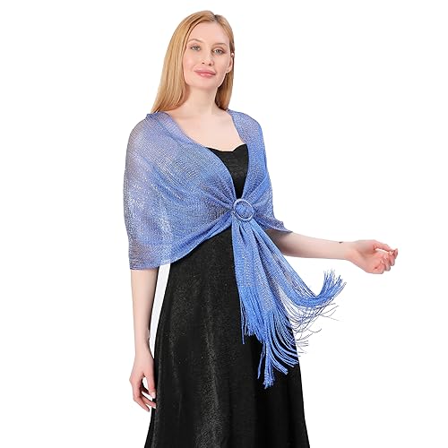 Image of Stoles for Evening Dress with Buckle, Fringes - Polyester Blend, Shimmer Stole Wraps for Weddings, Party | Women's Clothing