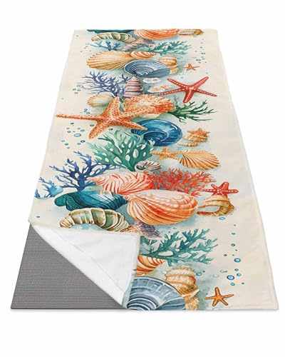 BOSIJOY Yoga Mat Towel,Summer Beach Marine Life Seaside Non Slip Sweat Absorbent Hot Yoga Towels with Corner Pockets,Ocean Starfish Shell Coral Soft Microfiber Towel for Pilates Bikram 70