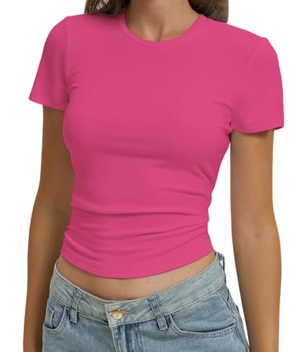 Camisetas básicas casuales para mujer, ombligueras Y2K, camisetas ajustadas, ajustadas, ropa ajustada, rosa (#Rose), Large