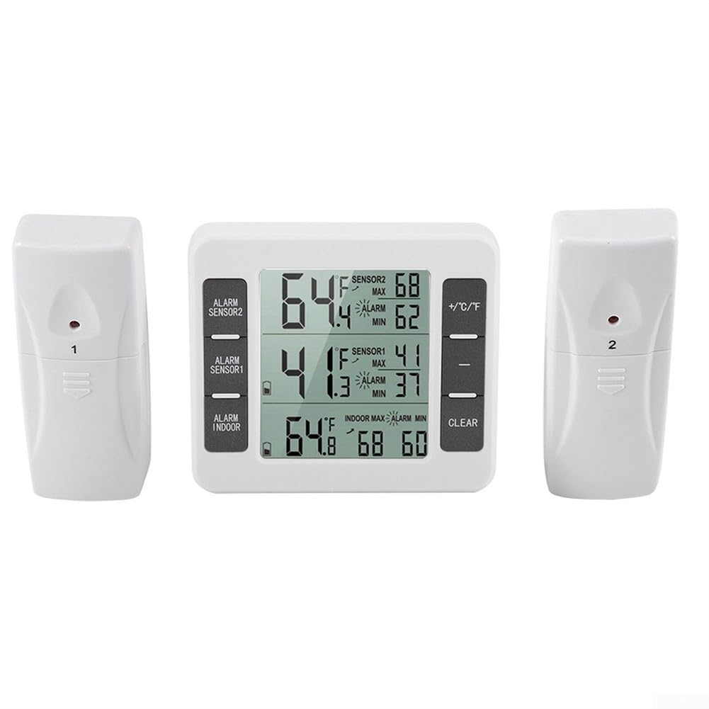 Thermometer With 2 Wireless Sensors For Real Time Indoor Outdoor Temperature Tracking And For Fridge Monitoring Up To 328 Feet Distance
