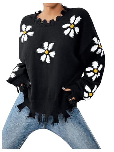 Image of SweatyRocks Women's Floral Print Sweaters Long Sleeve Ripped Crewneck Asymmetrical Hem Drop Shoulder Knit Pullover Tops Black Medium