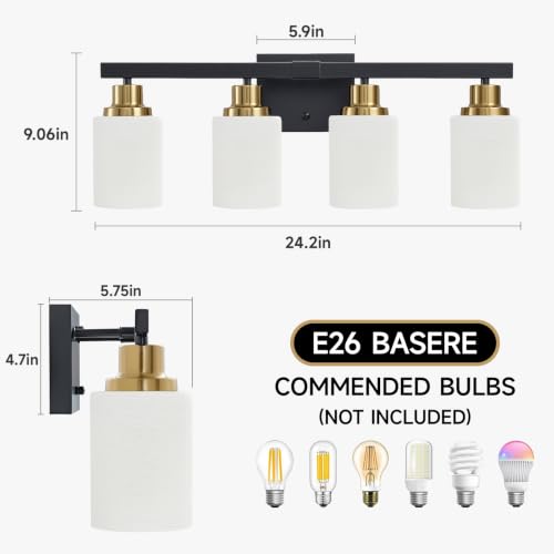 Image of Black and Gold Bathroom Light Fixtures 4-Light Vanity Lights 24in | White Frosted Ribbed Glass Shade Bathroom Vanity Lights Bathroom Lights over Mirror Wall Lamp for Restroom E26 Base