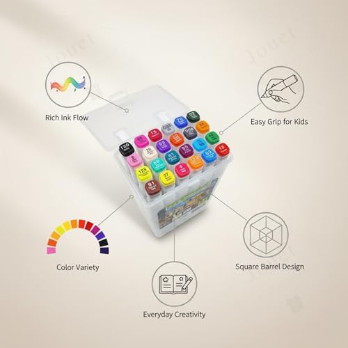 Image of JOUET Two Nib Marker Set, 24 Vibrant Colors, Double-Ended with 1mm and 0.7mm Tips, Washable Ink, Child-Safe Non-Toxic, Ergonomic Design, Portable Storage Case