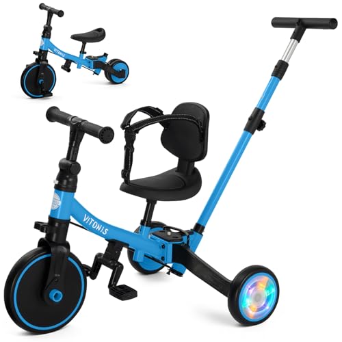 VITONIS Triciclo Infantil 5 en 1 para niños de 18 Meses a 5 años, con Ruedas Luminosas, Barra de Empuje, Respaldo y cinturón de Seguridad, Regalo para niños y niñas, Bicicleta sin Pedales, Azul