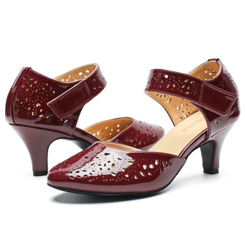 Image of Women's Comfortable Mary Jane Pumps Vintage Cutout Closed Toe Kitten Heels for Dressy Office Work