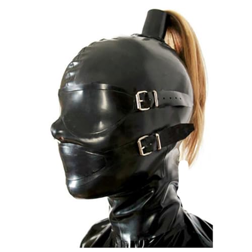 AIYOUWAI Unisex Latex Hood Mask with Wig with Eye Mouth Holes and Nostril Zip Breathable Bondage(Size:M-65CM)