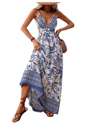 Image of MakeMeChic Women's Boho Maxi Dress Summer Luau Outfits Beach Wedding Guest Backless Sundress Flowy Resort Wear