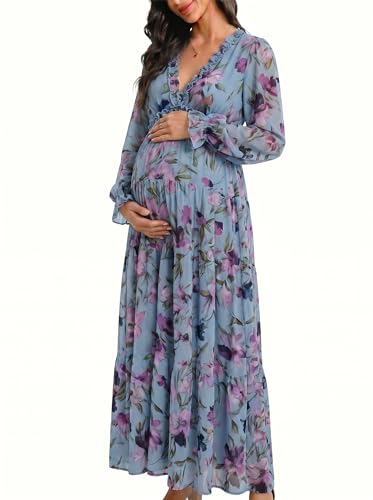 Image of BLENCOT Womens Casual Boho Floral Printed V Neck Long Sleeve Long Maxi Dress Spring Summer Dresses