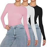 Cotton Long Sleeve Top Women, Basic Plain Crew Neck Base Layer, Soft Comfortable Ladies Long Sleeve T Shirt for Layering, Casual Slim Fit Basic Top for All Seasons