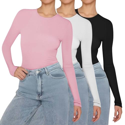 Cotton Long Sleeve Top Women, Basic Plain Crew Neck Base Layer, Soft Comfortable Ladies Long Sleeve T Shirt for Layering, Casual Slim Fit Basic Top for All Seasons