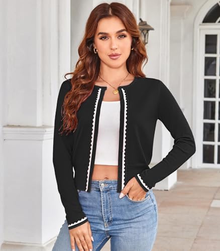 Women's Cardigan Sweater Color Block Long Sleeve Crew Neck Knit Cardigan Trendy Cropped Cardigan Shrug3