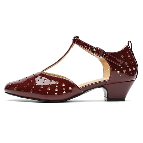Image of MAIERNISI JESSI Women's T-Strap Mary Jane Pumps, Low Block Heel, Closed Toe, Buckle Ankle Strap