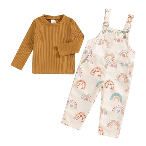Toddler Girl Fall Outfits Bib Overalls Jumpsuit Set Long Sleeve Ribbed Top Rainbow Suspenders Pants 2-Piece Clothing