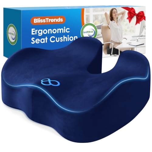 Image of BlissTrends Seat Cushion,Thick Memory Foam Cushions for Office Chair, Car Seat, Airplane, Relieving Pressure Tailbone Sciatica Back Pain for Long Sitting Office Workers, Car Drivers 4.7in Thick Blue