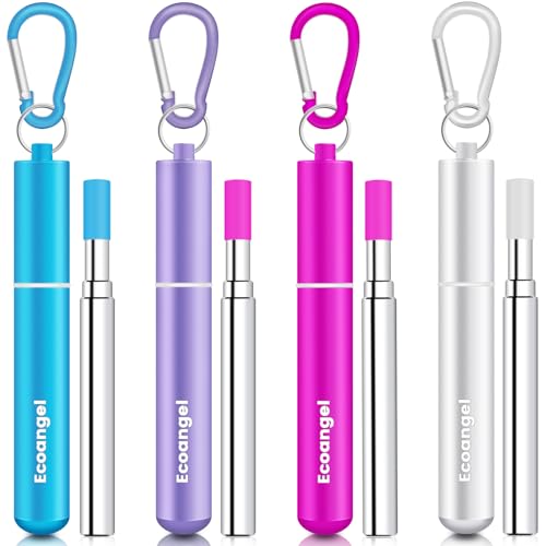 Ecoangel Cruise Ship Essentials,4-Pack reusable Collapsible Stainless Steel Drinking Straws with Aluminum Case,Cleaning Brush,and Keychains (Silver&rose gold&blue&purple)