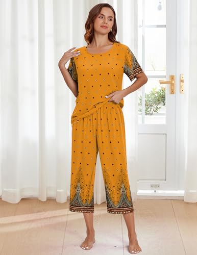 Image of Ekouaer Women's Capri Pajama Sets Short Sleeve Shirt and Capri Pants with Pockets Sleepwear Pjs Sets, X-Large, Floral Yellow