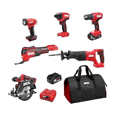 SKIL PWR CORE 20 Brushless 20V 6-Tool Power Tool Combo Kit, Includes 2.0Ah & 4.0 Ah Batteries, 60W Charger and Soft Bag - CB8006B-20
