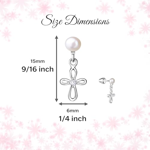 Cherished Moments Children's Sterling Silver Dainty Cultured Pearl or CZ, Dangling Cross Earrings with Screw Backs for Baptism, Christening, First Communion Gift for Toddlers, Kids, and Little Girls4