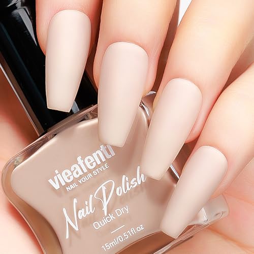 vieafenti Matte Nude Nail Polish 15ml, Quick Drying Nail Polish Neutral Matte Finish Air Dry Oil-Base Velvet Mist Effect DIY Nail Art Varnish for Ladies