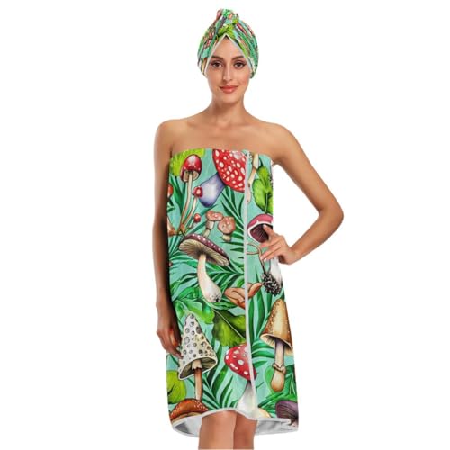 Bulletgxll Vibrant Mushrooms Women's Shower Wrap Towel Set of 3 Adjustable Spa Body Wrap Super Absorbent Bathrobe with Hair Towel & Headband