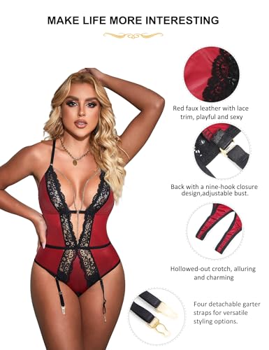 comeondear Lingerie de couro sintético, sem mangas, sexy, peça única, body plus size com corrente at